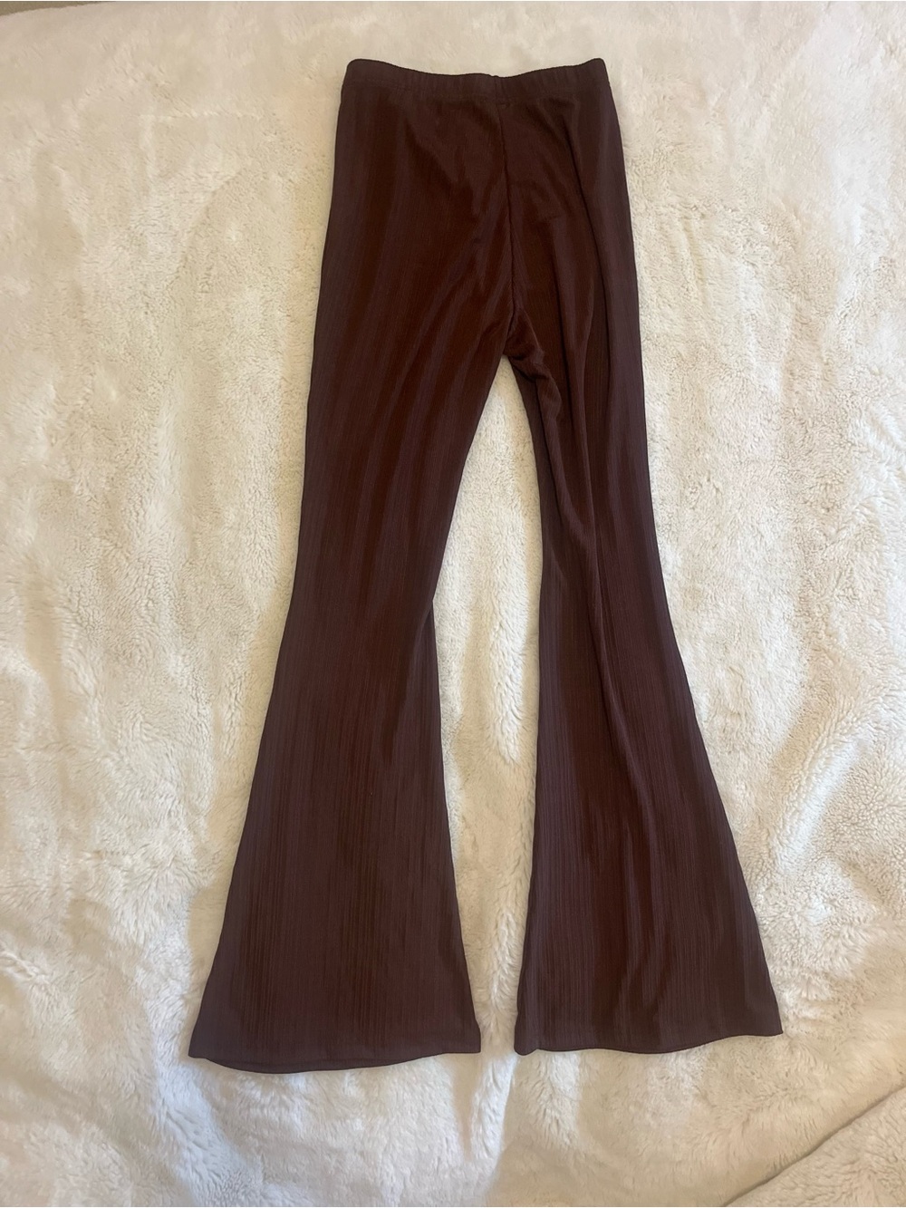 Brown Ribbed Flare Pants, Stretchy Waist, Size S